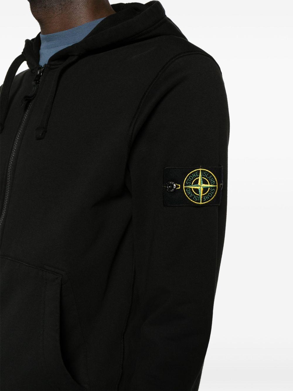 STONE ISLAND Felpa in cotone nero con cappuccio e zip