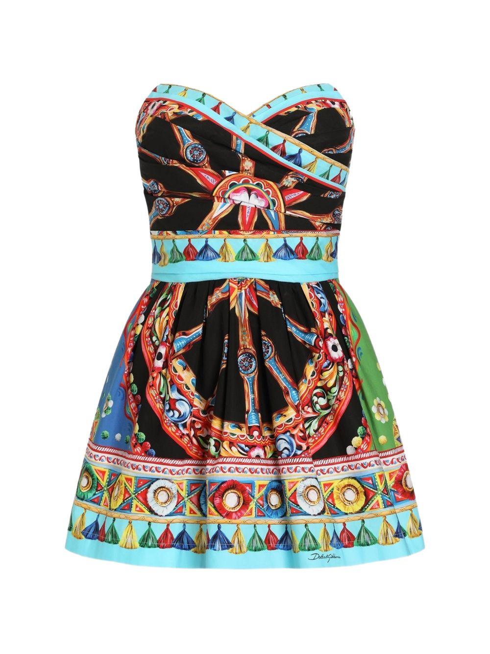 DOLCE e GABBANA Abito corto in popeline con stampa Carretto multicolore