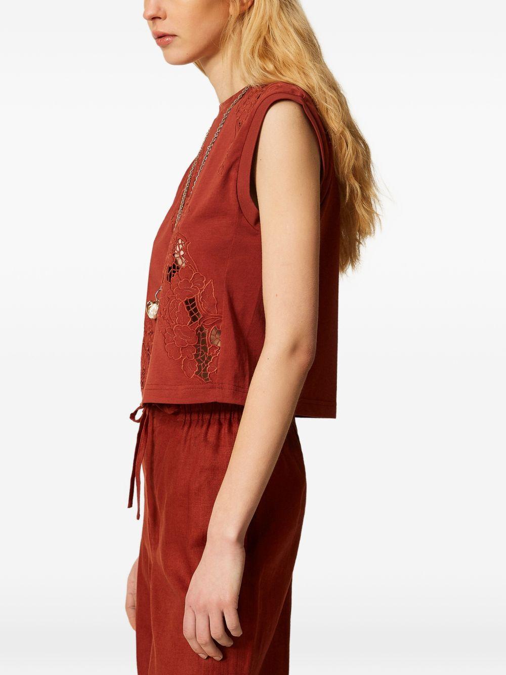 TWINSET T-shirt senza maniche in cotone con ricamo di pizzo