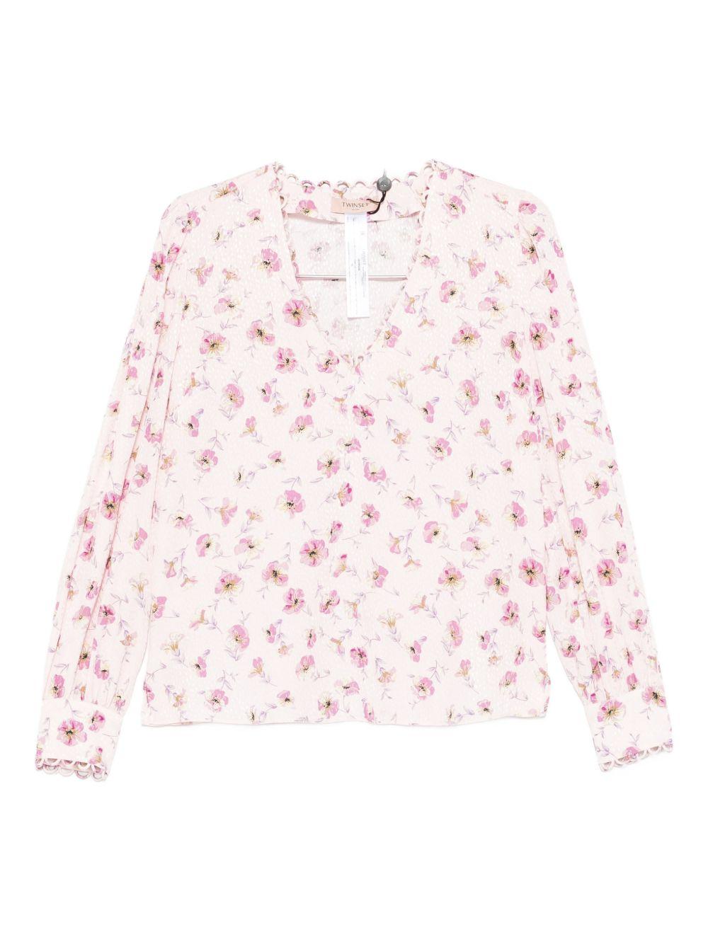 TWINSET Camicia color panna a fiori rossi con scollo a V