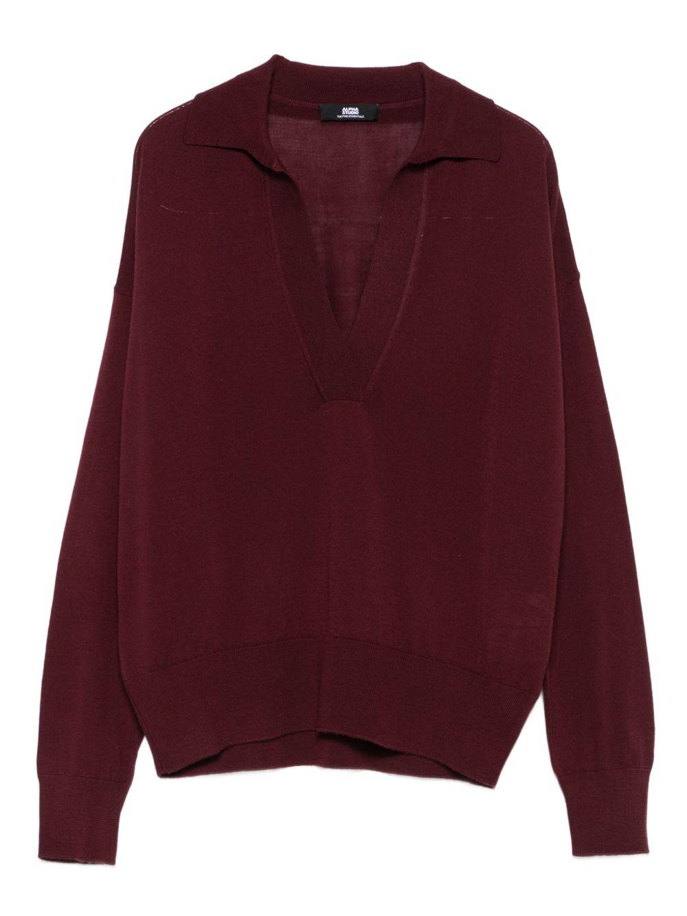 ALPHA STUDIO Maglia bordeaux con colletto polo e scollo a V