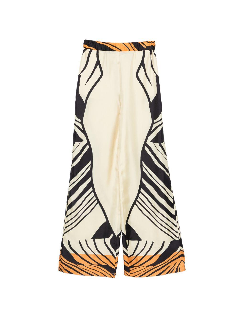RAQUEL DINIZ Pantaloni con motivo astratto in seta avorio, nero, arancione