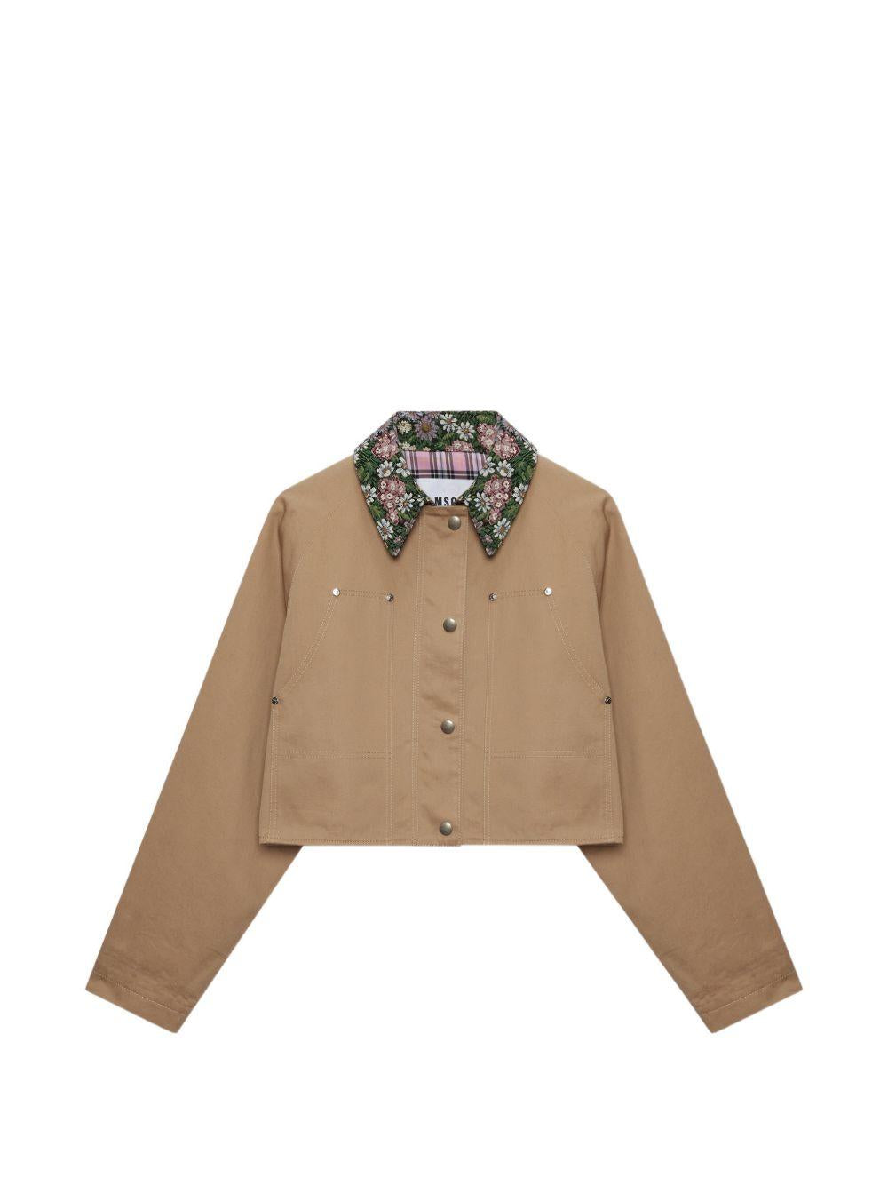MSGM Giacca cropped in cotone marrone con dettagli floreali