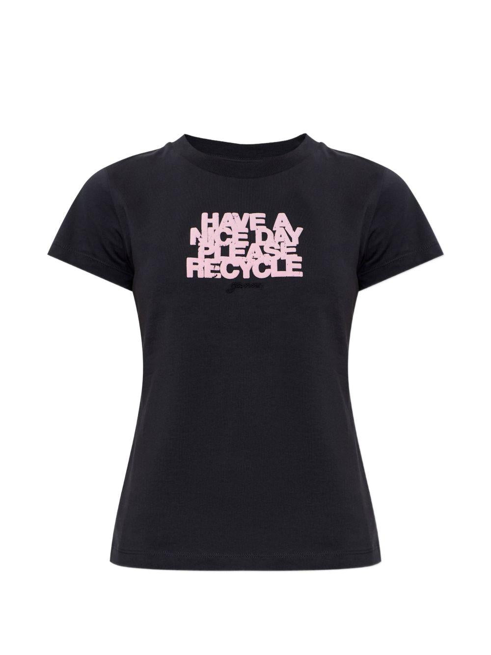 GANNI T-shirt con stampa grafica e slogan riciclato in cotone nero