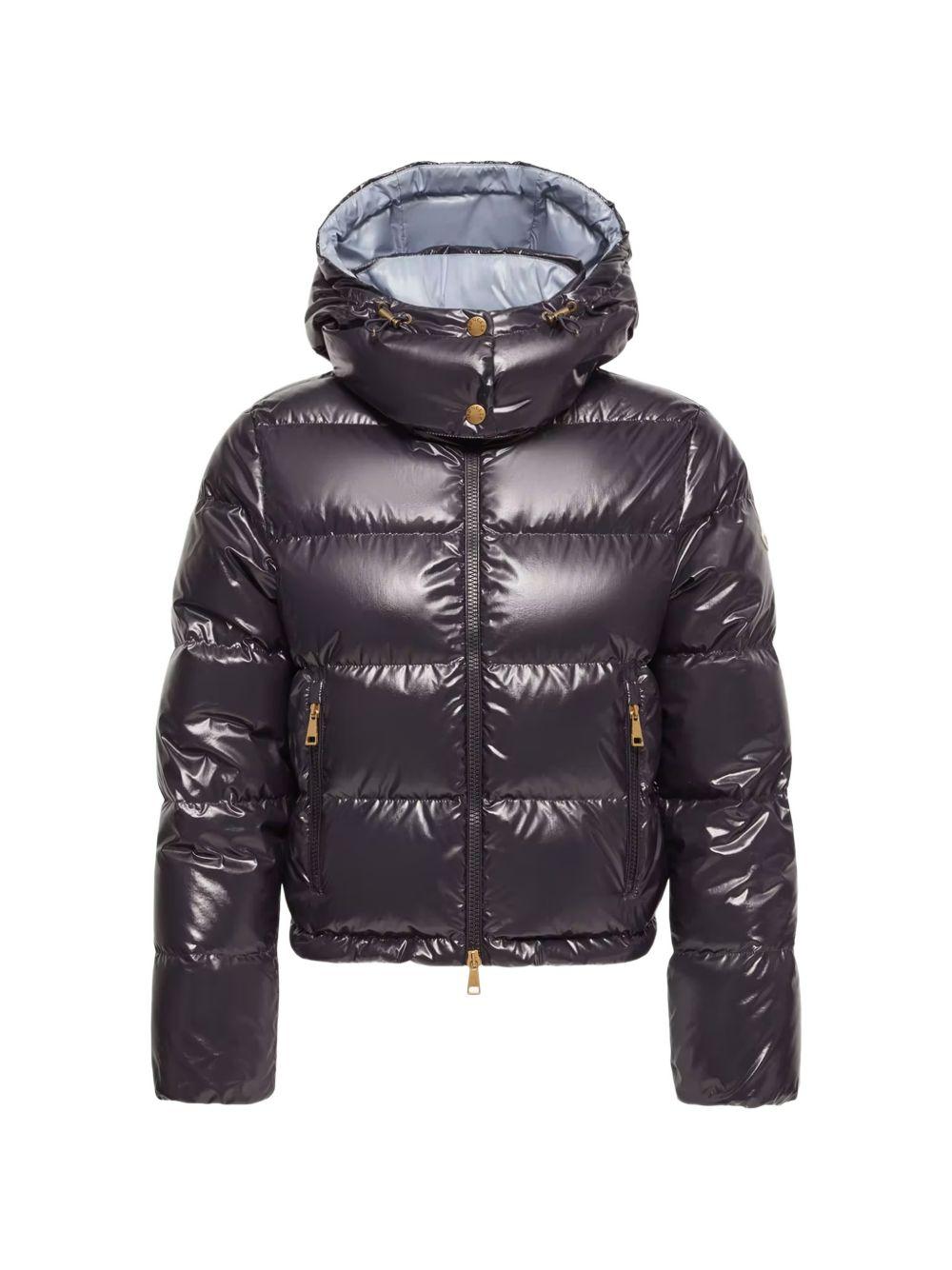 MONCLER Piumino corto lucido blu notte con cappuccio