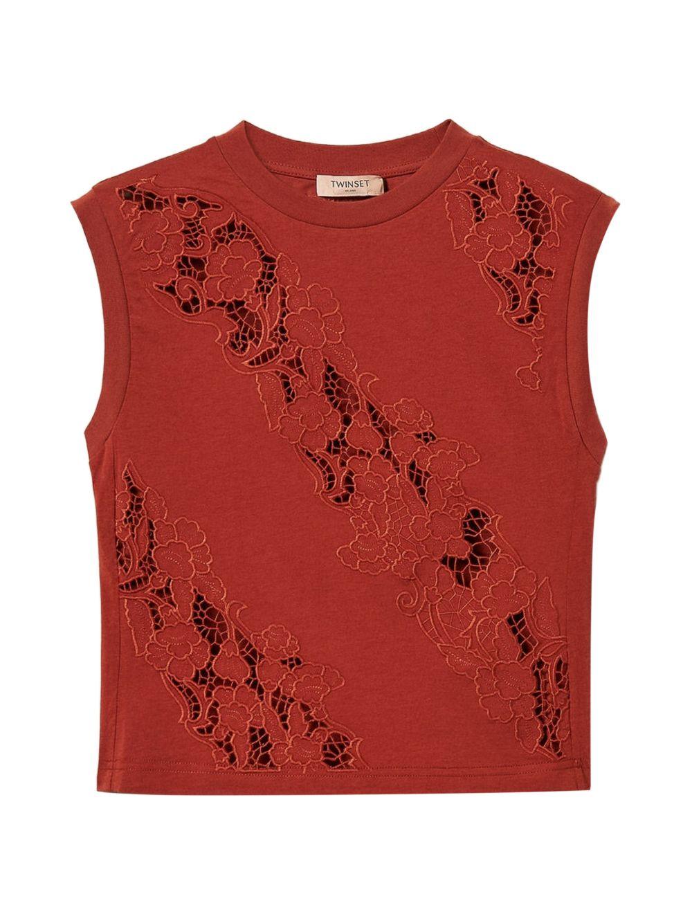 TWINSET T-shirt senza maniche in cotone con ricamo di pizzo