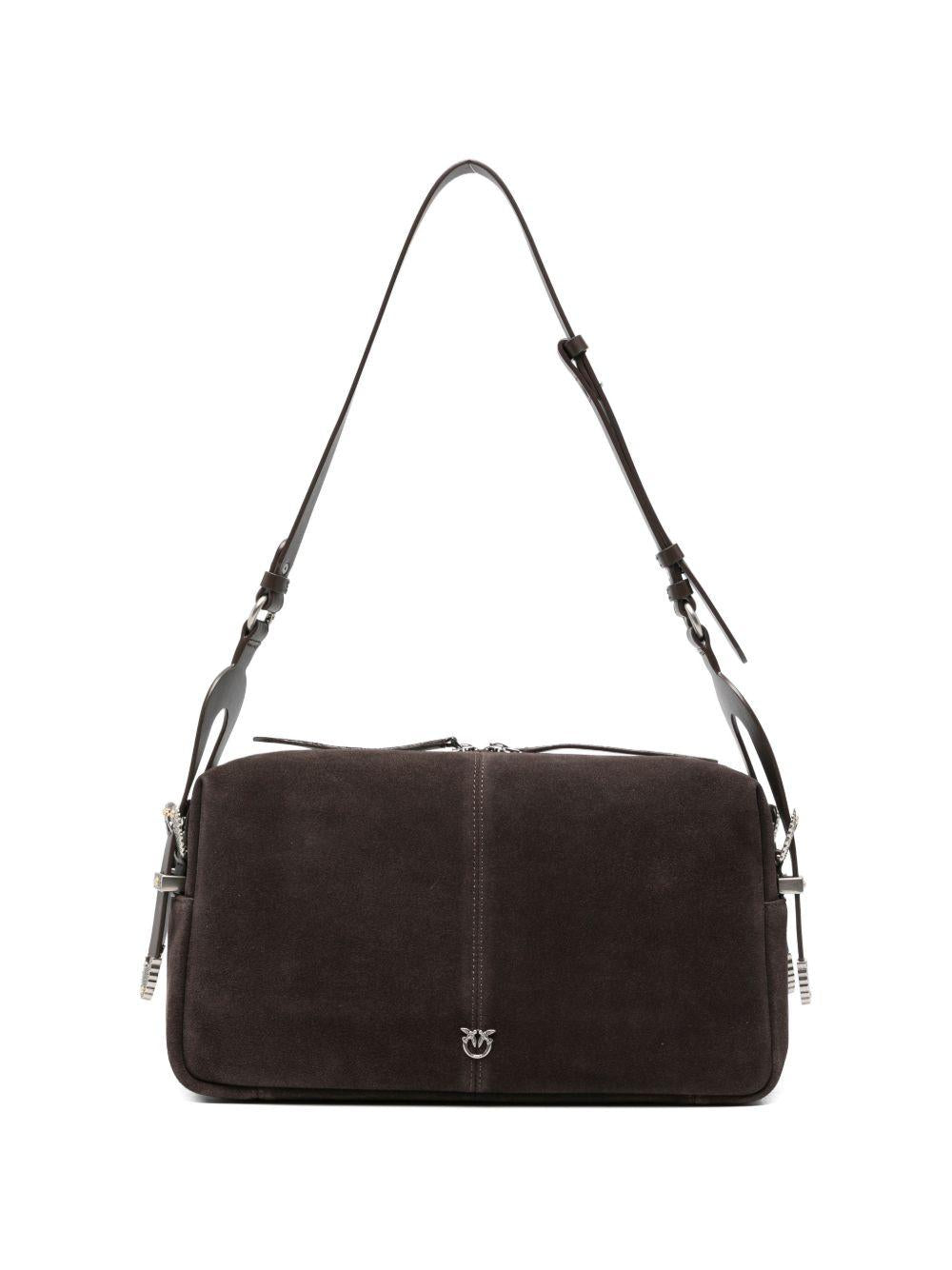 PINKO Borsa a spalla Classic Suede con logo marrone scuro