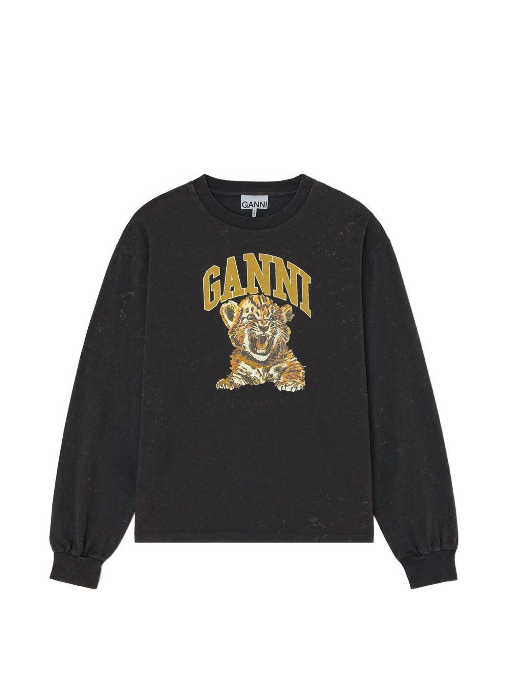 GANNI Felpa Tiger girocollo nera in cotone con stampa grafica