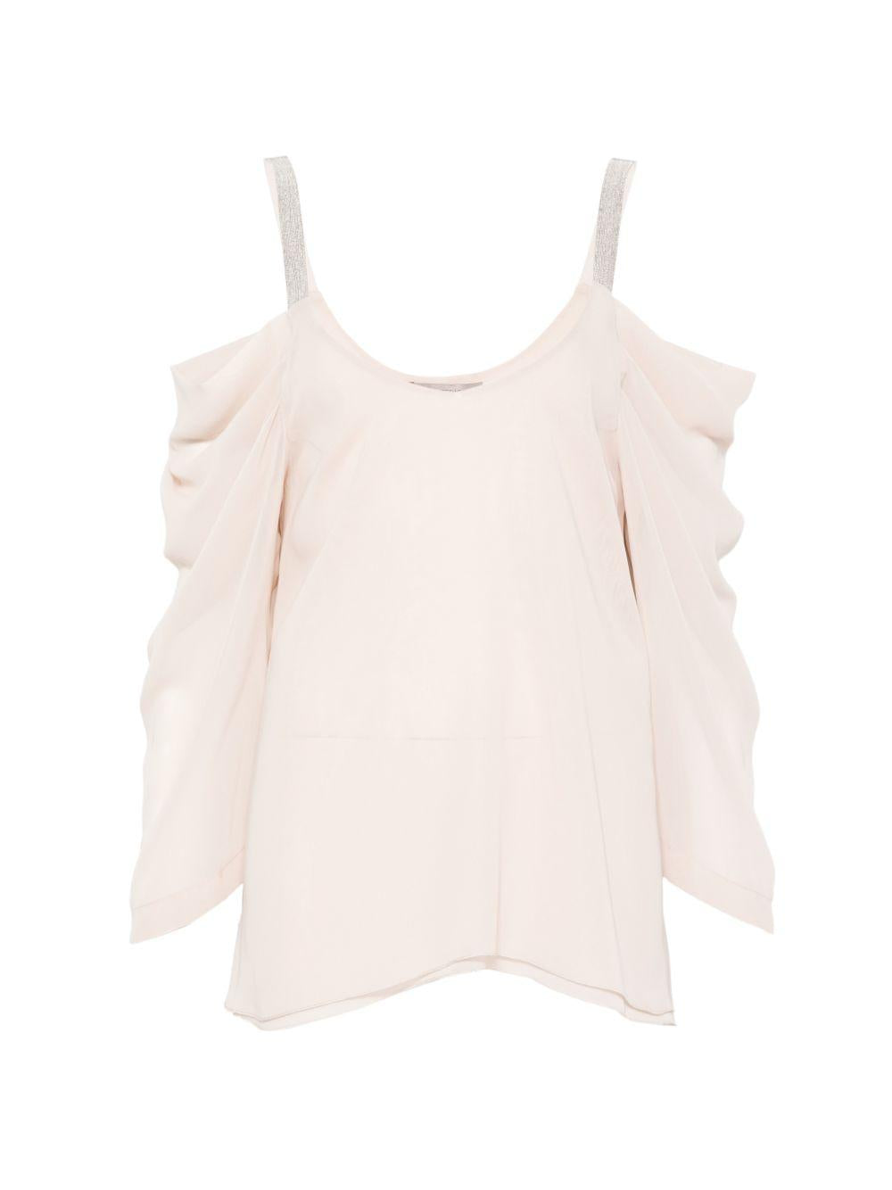 D EXTERIOR Blusa beige chiaro con strass cuciti sulle spalline