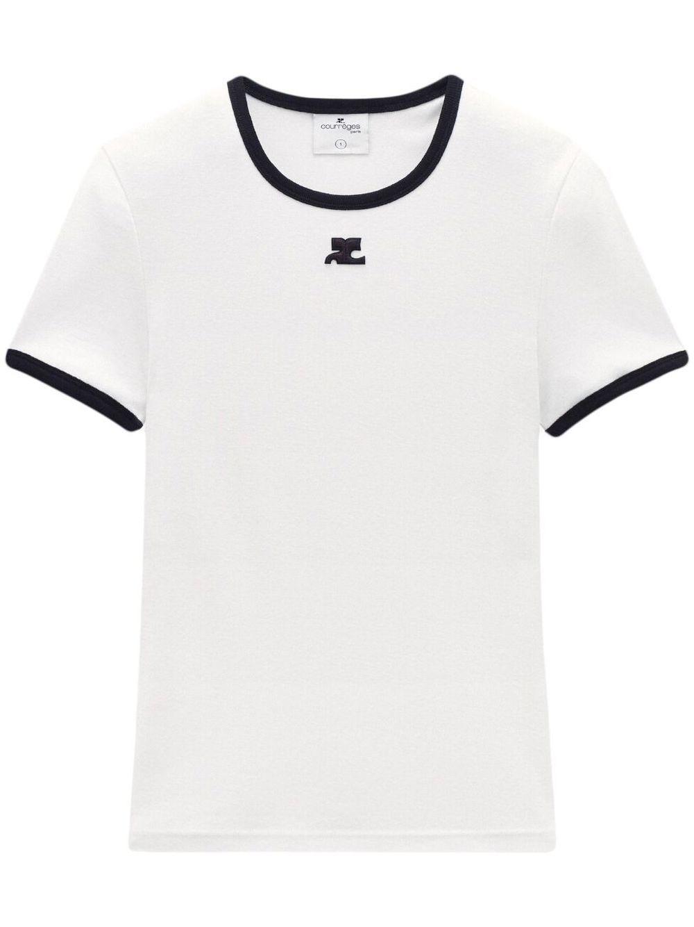 COURREGES T-shirt in cotone con bordo a constrasto con logo 