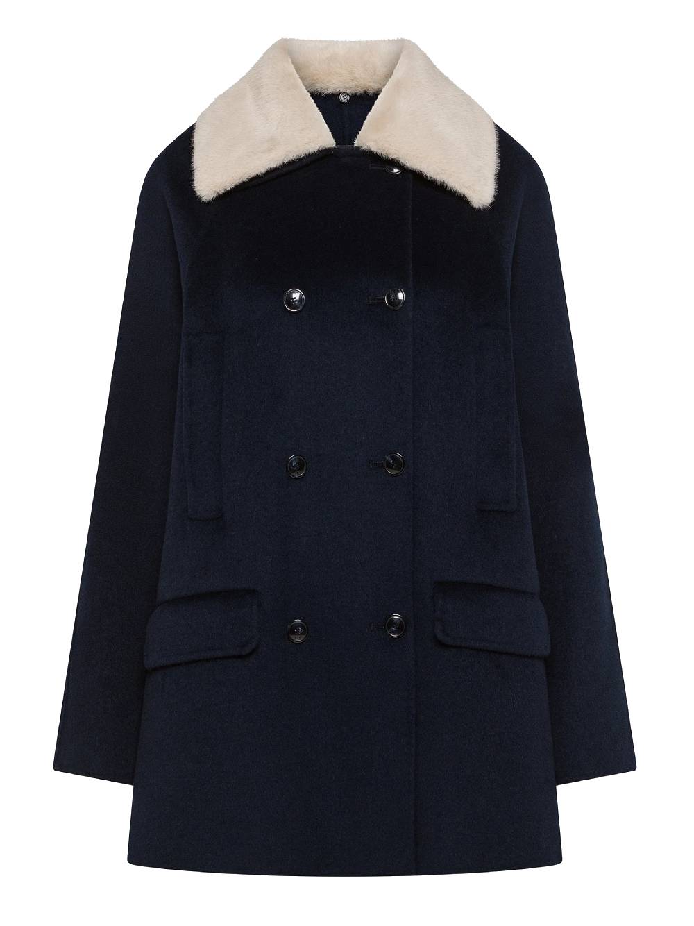 19.70 Cappotto corto doppiopetto blu navy con collo in ecopelliccia crema 