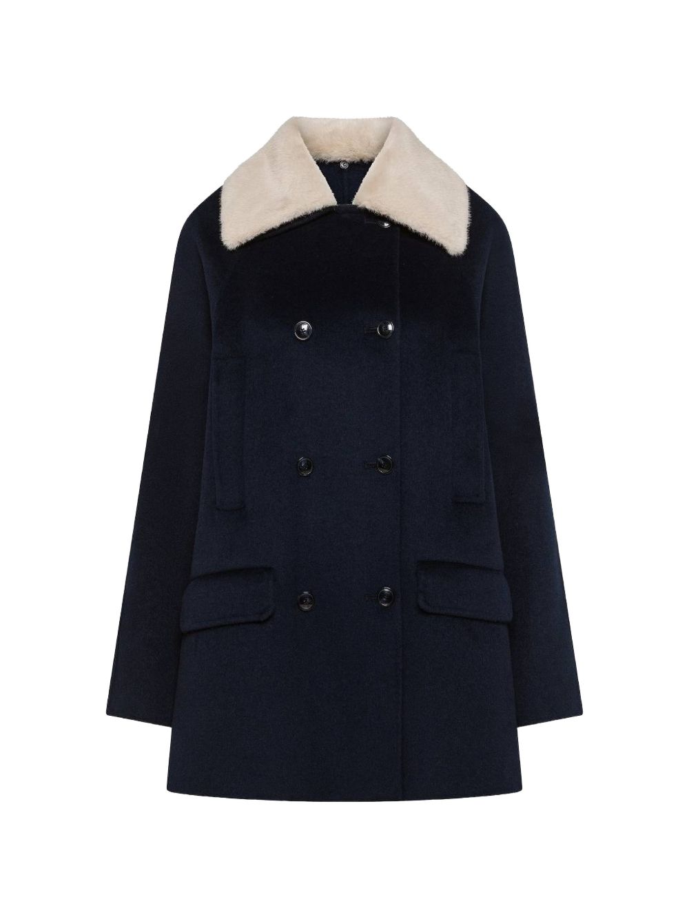 19.70 Cappotto corto doppiopetto blu navy con collo in ecopelliccia crema 