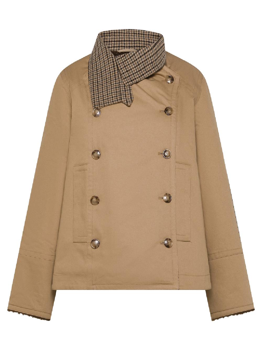 19.70 Trench corto in cotone cammello con collo a quadretti 