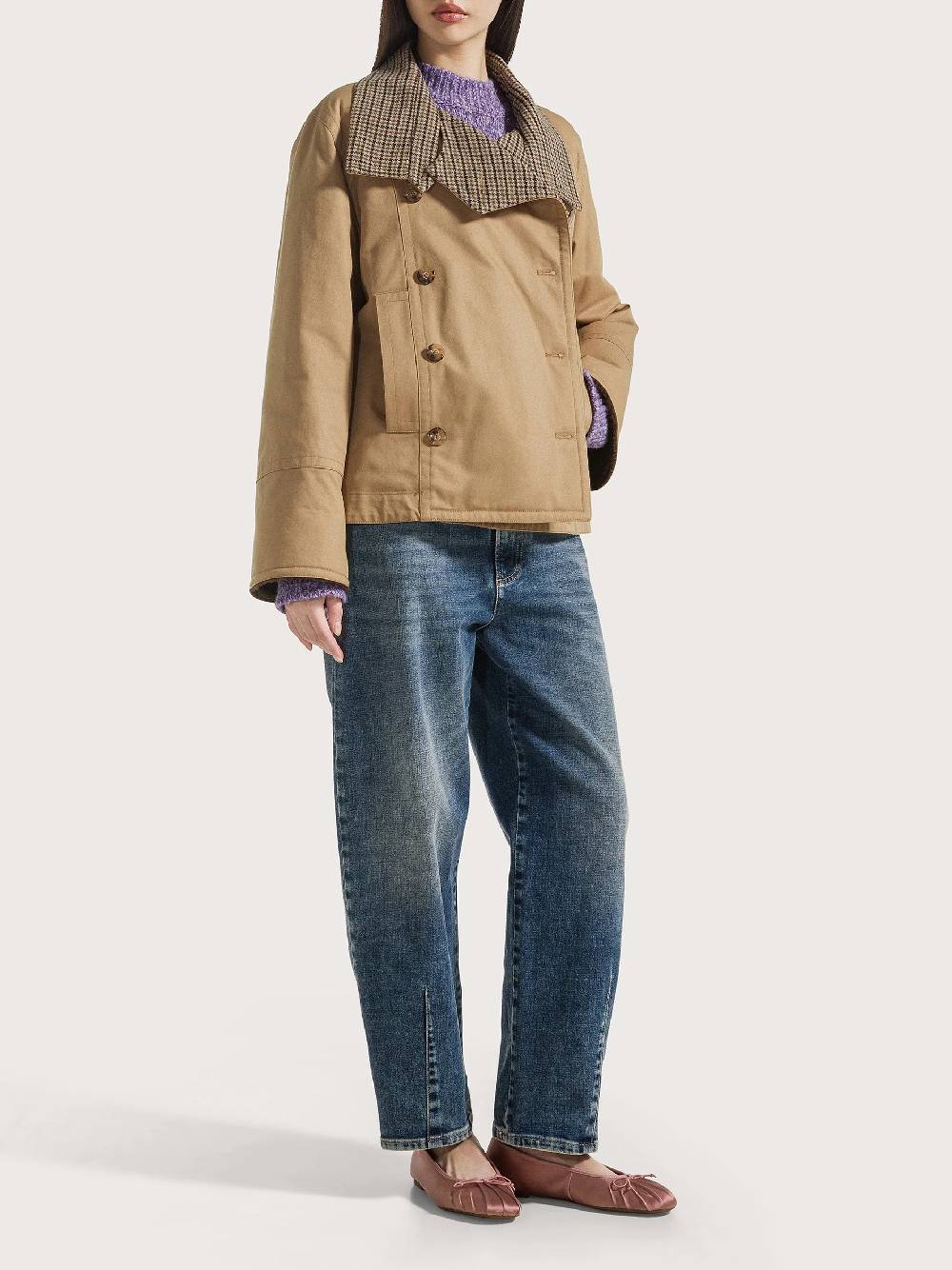19.70 Trench corto in cotone cammello con collo a quadretti 