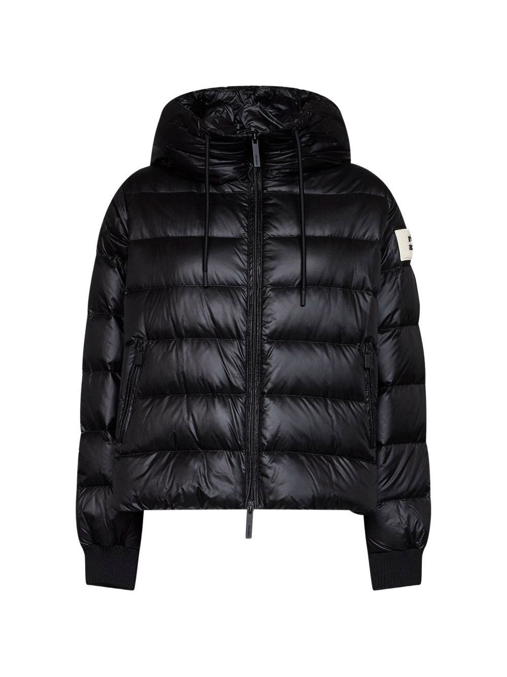 AFTER LABEL Piumino corto nero con cappuccio e patch sulla spalla 
