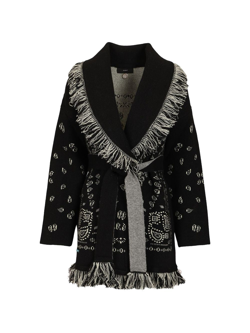 ALANUI Cardigan in puro cashmere nero con motivo jacquard bandana 