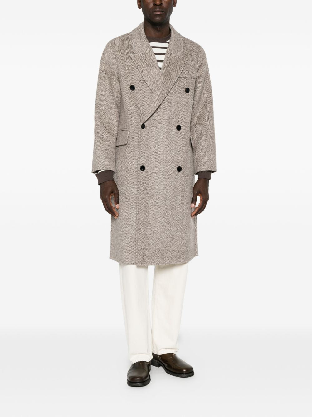AMARANTO Cappotto marrone spigato in lana misto cashmere doppiopetto 