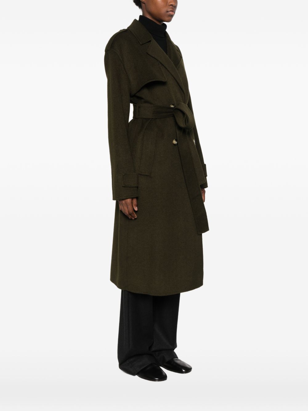 ANFINY Cappotto Cleopatra verde scuro in lana con cintura 
