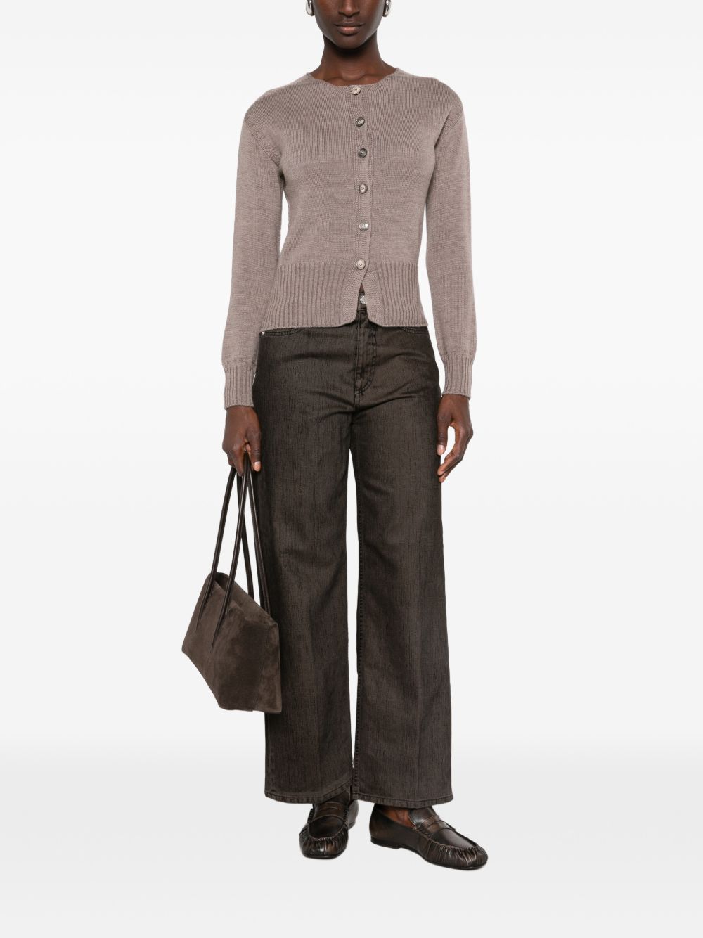 AROVESCIO Cardigan beige girocollo in lana 