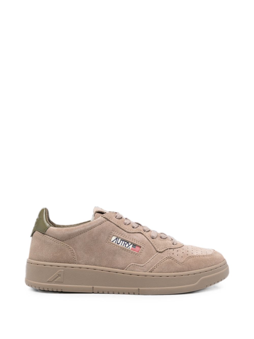 AUTRY Sneakers basse in suede beige con linguetta sul tallone verde 