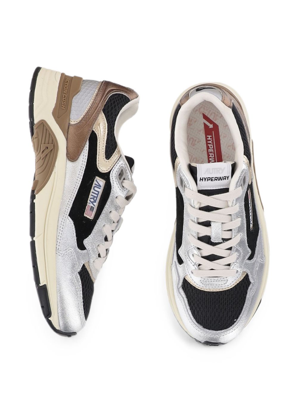 AUTRY Sneakers Hyperway in pelle e mesh argento, nero e marrone 