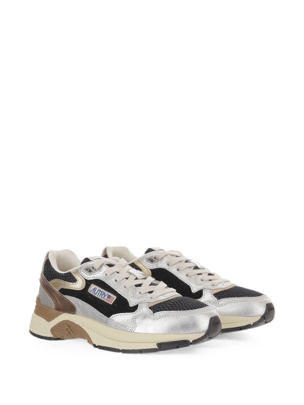 AUTRY Sneakers Hyperway in pelle e mesh argento, nero e marrone 