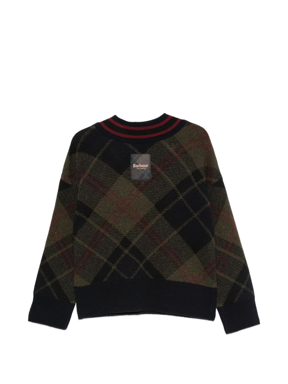 BARBOUR Felpa con scollo a V in lana marrone e rossa 