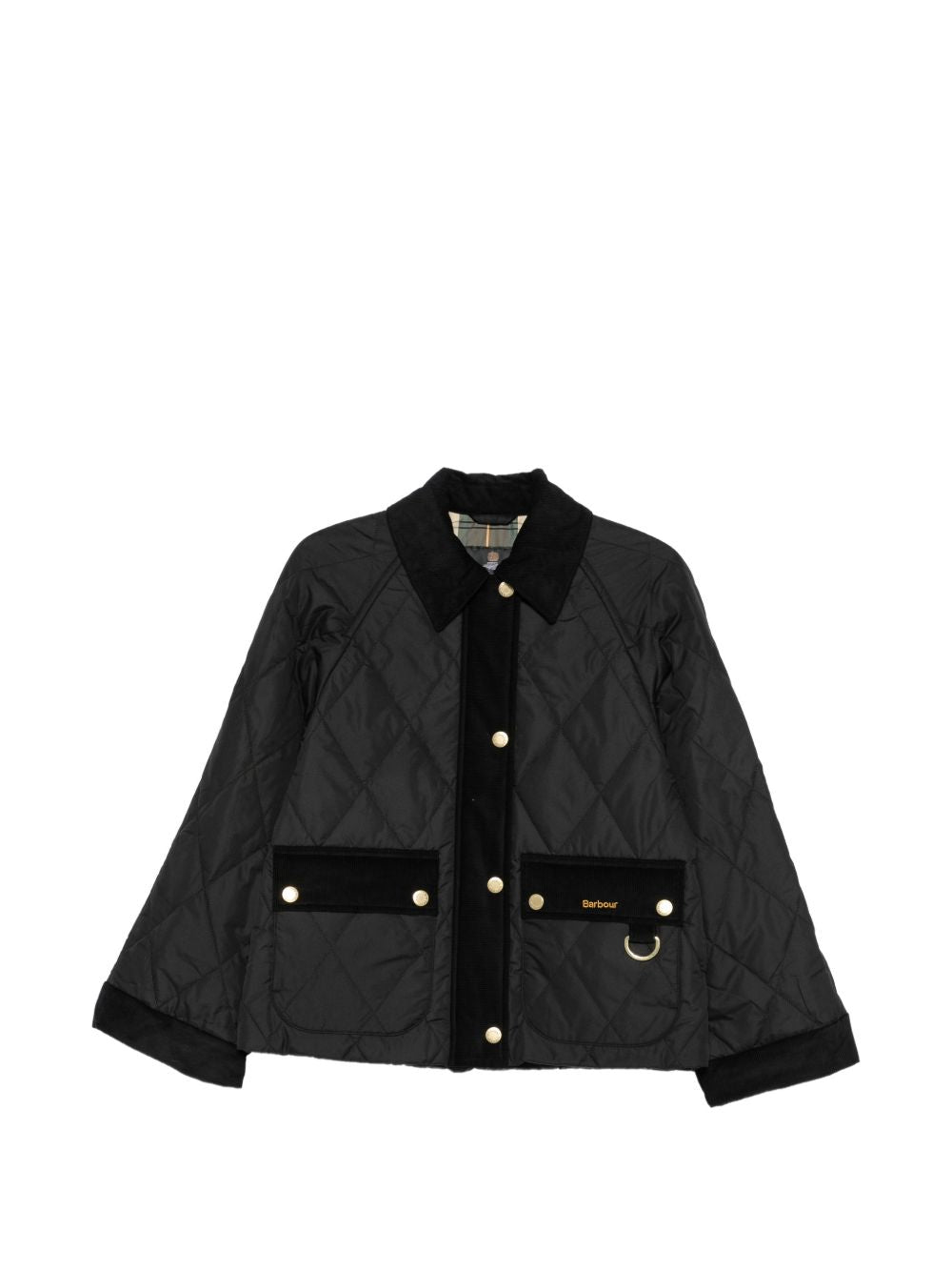 BARBOUR Giubbotto nero trapuntato con dettagli in velluto e tasche 