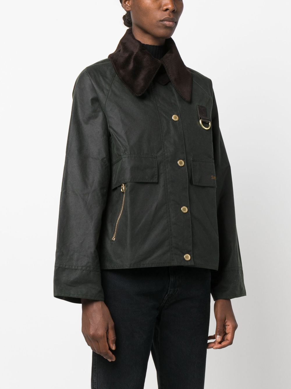 BARBOUR Giacca corta verde scuro con colletto in velluto e tasche 