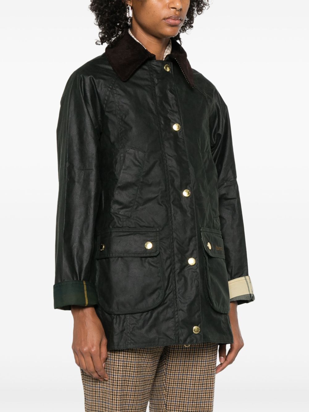 BARBOUR Giacca parka lunga verde scuro con colletto in velluto e tasche 