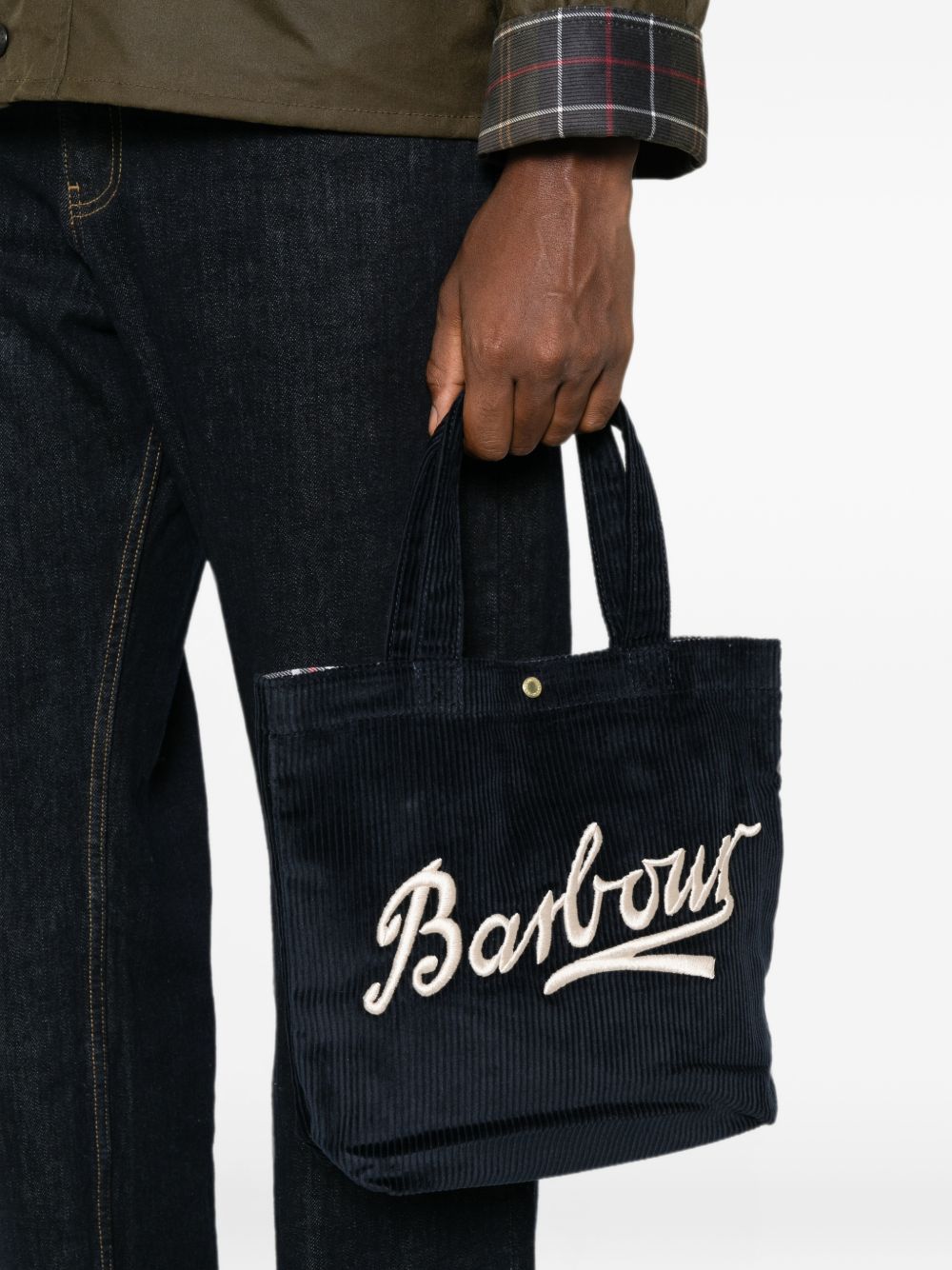 BARBOUR Mini borsa tote Carrick in velluto a coste blu navy 