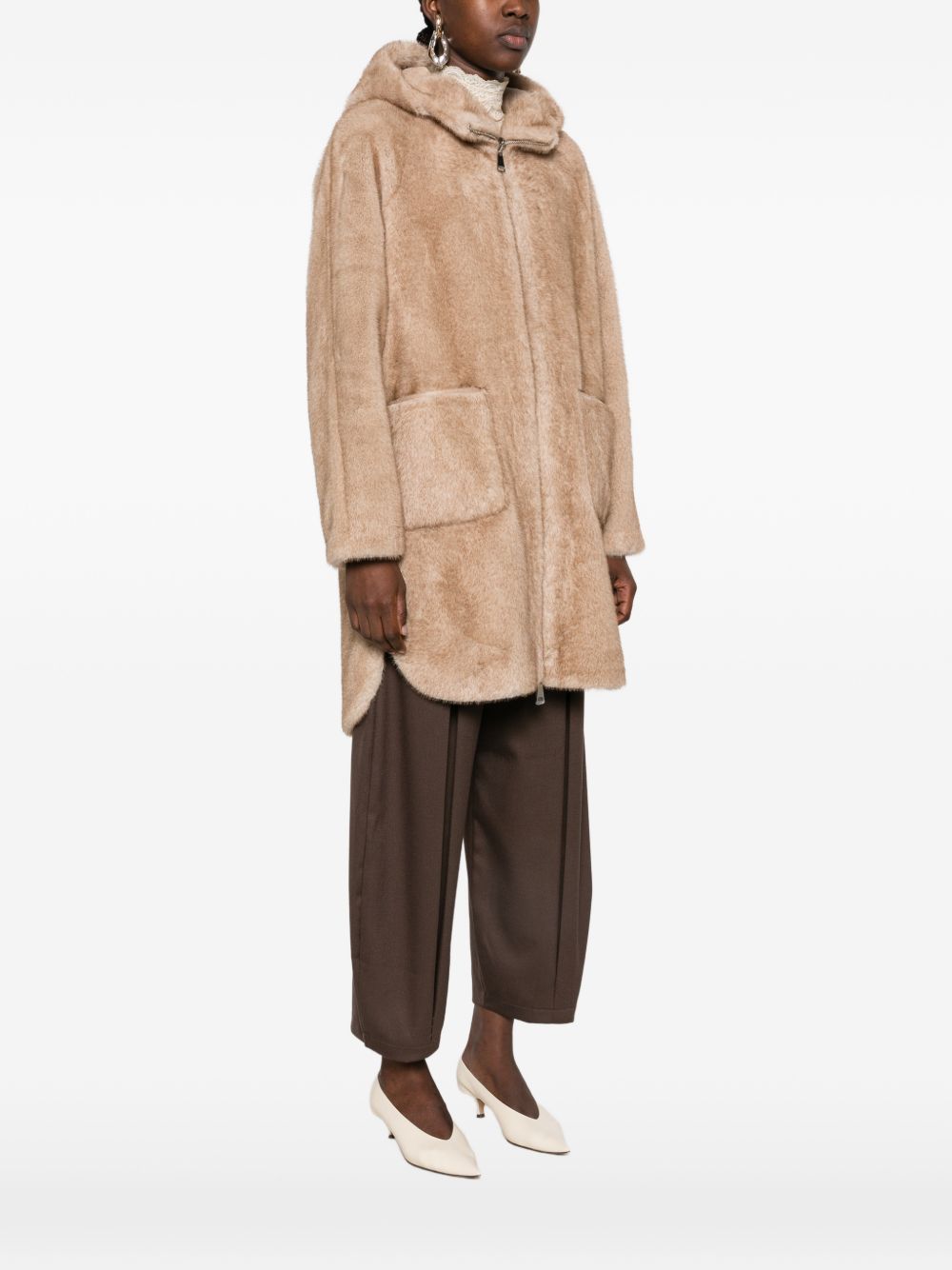 BETTA CORRADI Giacca cappotto beige in ecopelliccia con cappuccio e tasche 