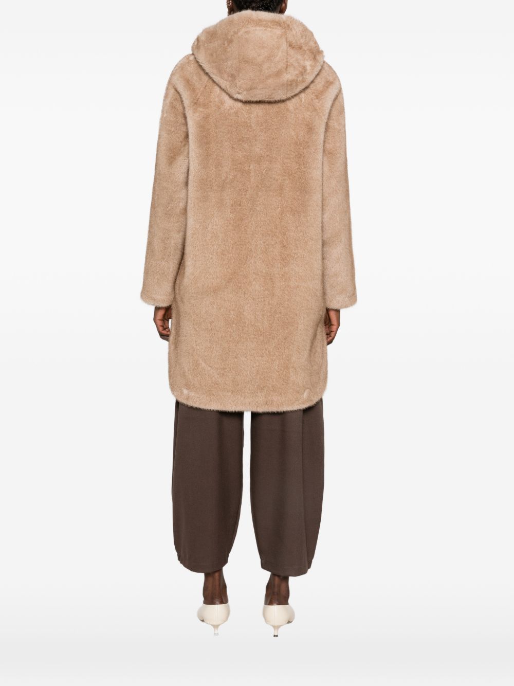 BETTA CORRADI Giacca cappotto beige in ecopelliccia con cappuccio e tasche 