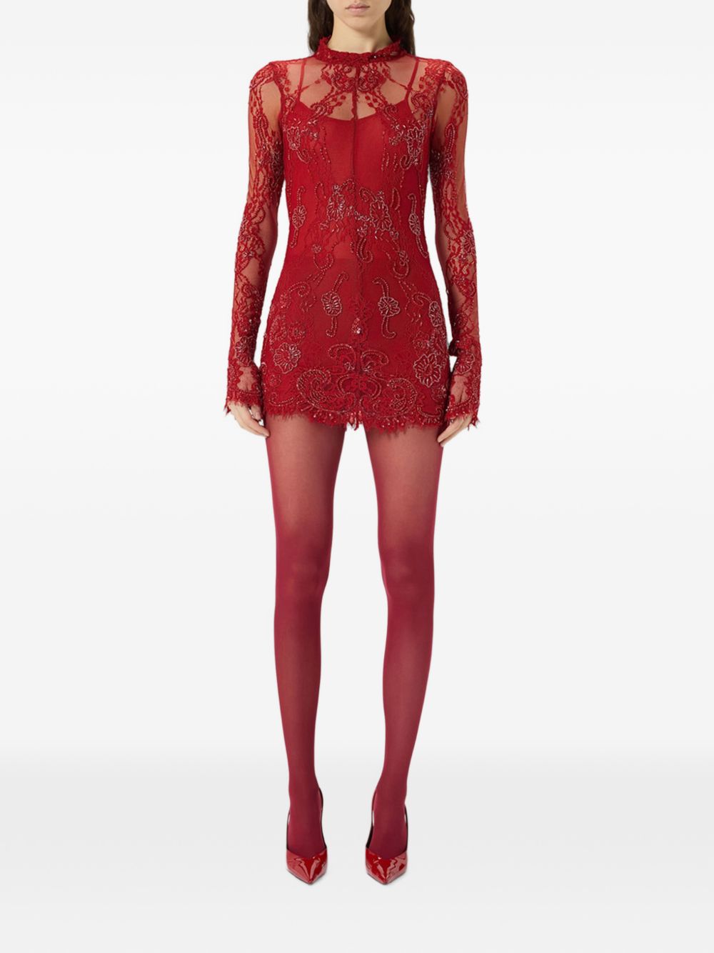 BLUMARINE Abito corto rosso in pizzo con sottoveste 