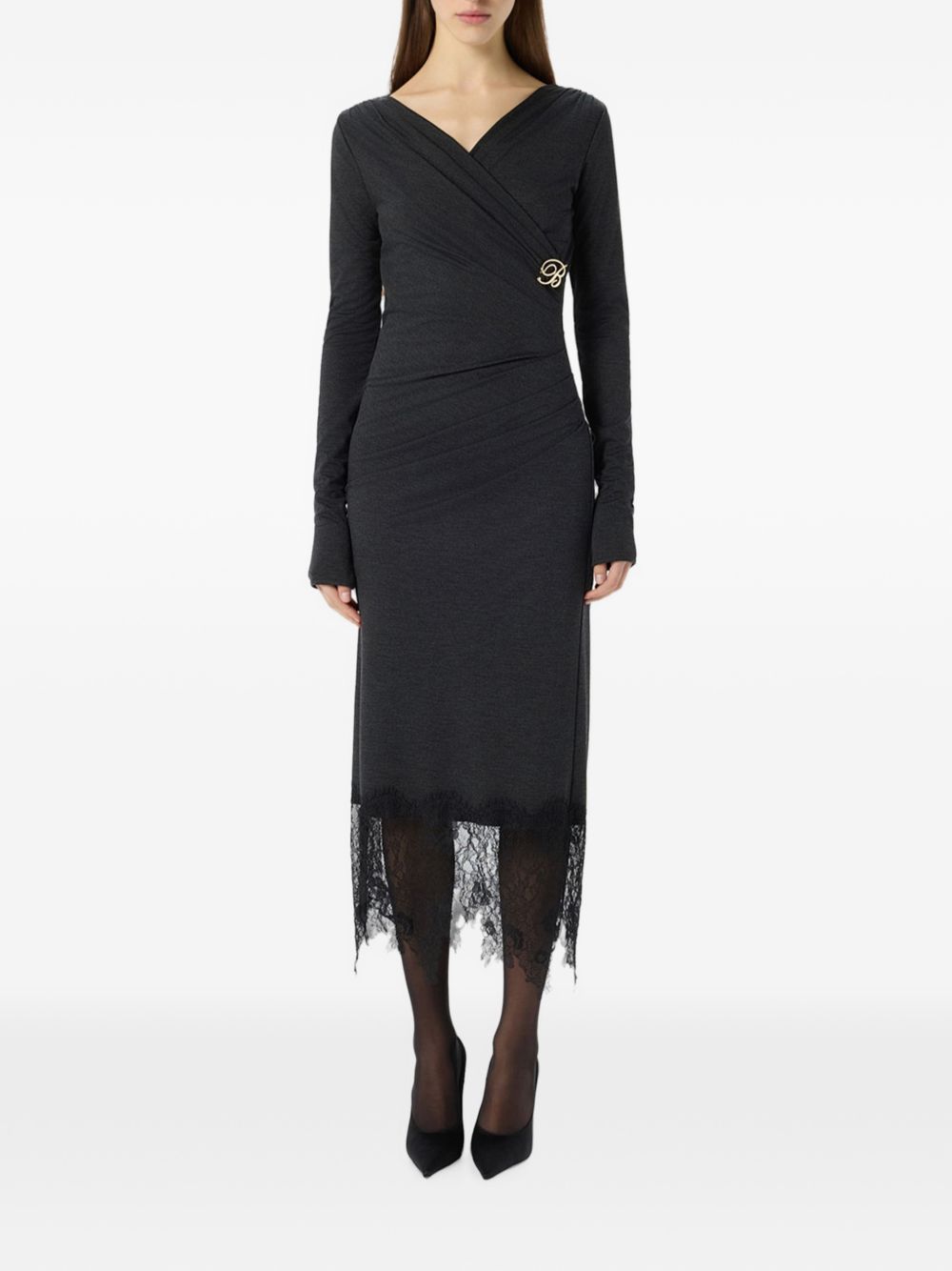 BLUMARINE Abito grigio con scollo a V e dettagli in pizzo 