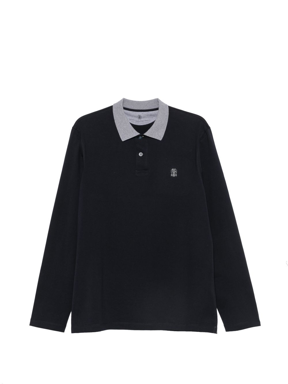 BRUNELLO CUCINELLI T-shirt blu in cotone a maniche lunghe con colletto grigio 
