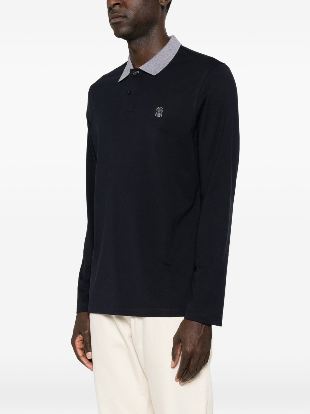 BRUNELLO CUCINELLI T-shirt blu in cotone a maniche lunghe con colletto grigio 