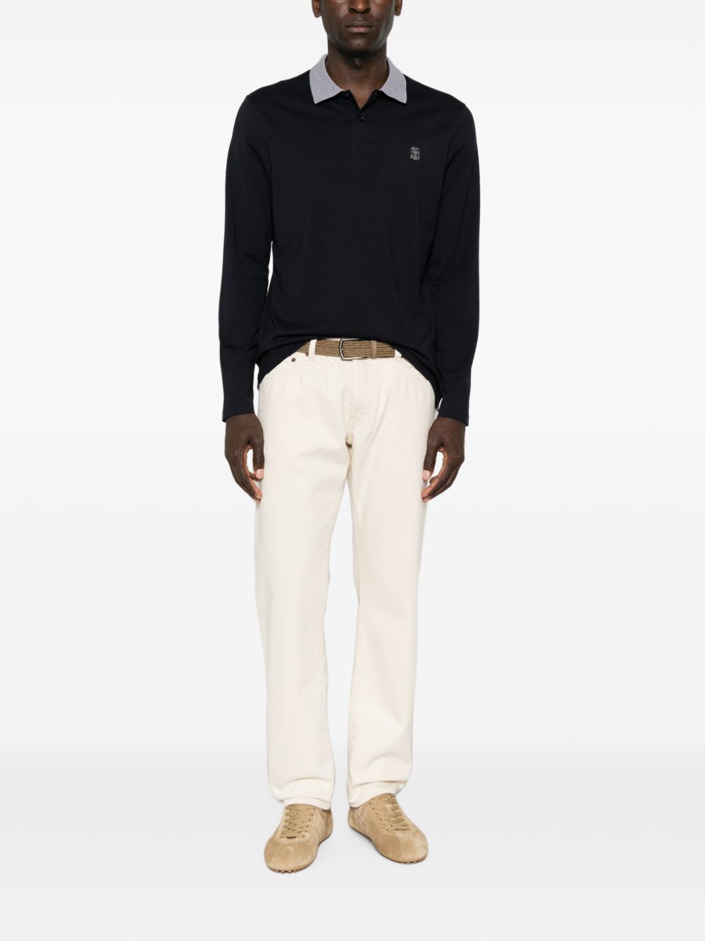 BRUNELLO CUCINELLI T-shirt blu in cotone a maniche lunghe con colletto grigio 