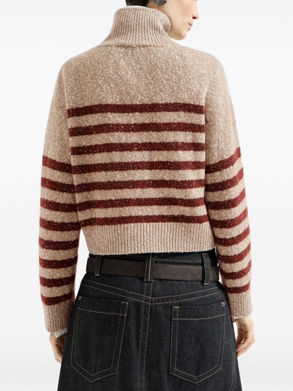 BRUNELLO CUCINELLI Maglia a collo alto in lana a righe rosse beige 