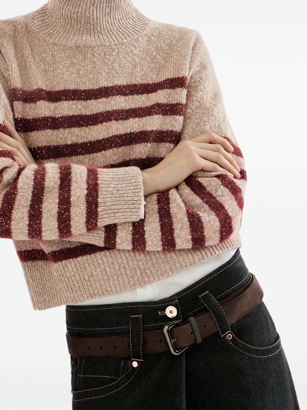 BRUNELLO CUCINELLI Maglia a collo alto in lana a righe rosse beige 