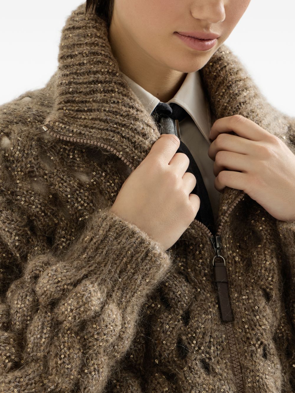 BRUNELLO CUCINELLI Cardigan in misto lana a maglia larga con zip verde 