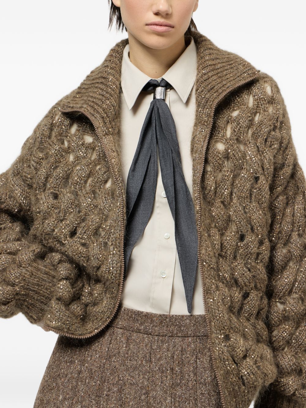 BRUNELLO CUCINELLI Cardigan in misto lana a maglia larga con zip verde 