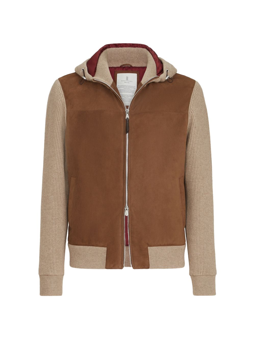 BRUNELLO CUCINELLI Giubbotto in suede con maniche e cappuccio in lana marrone e beige 