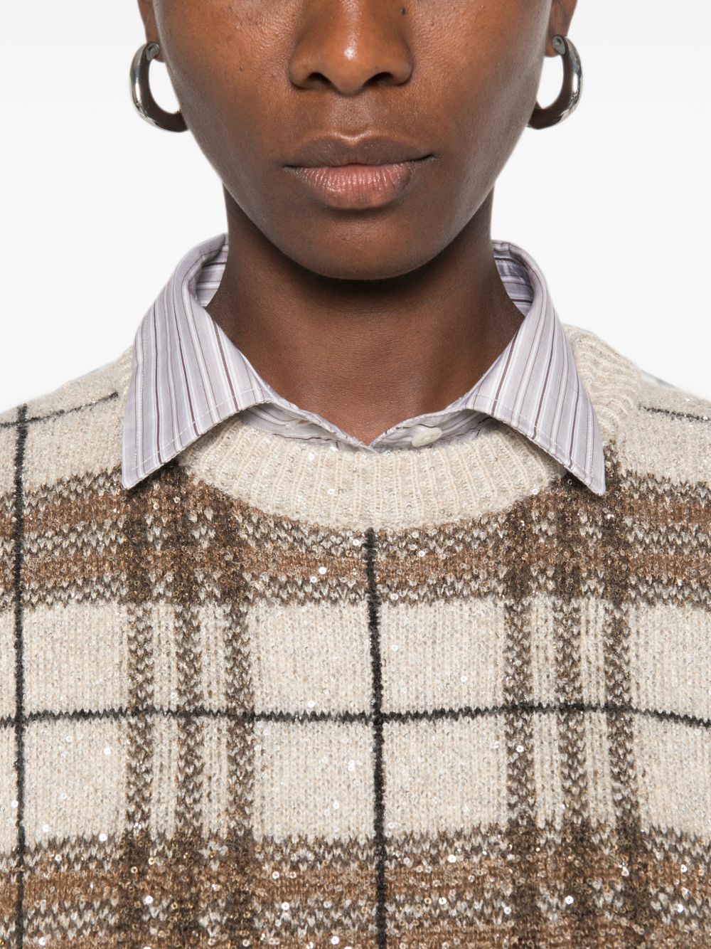 BRUNELLO CUCINELLI Maglia con strass bianca e marrone 
