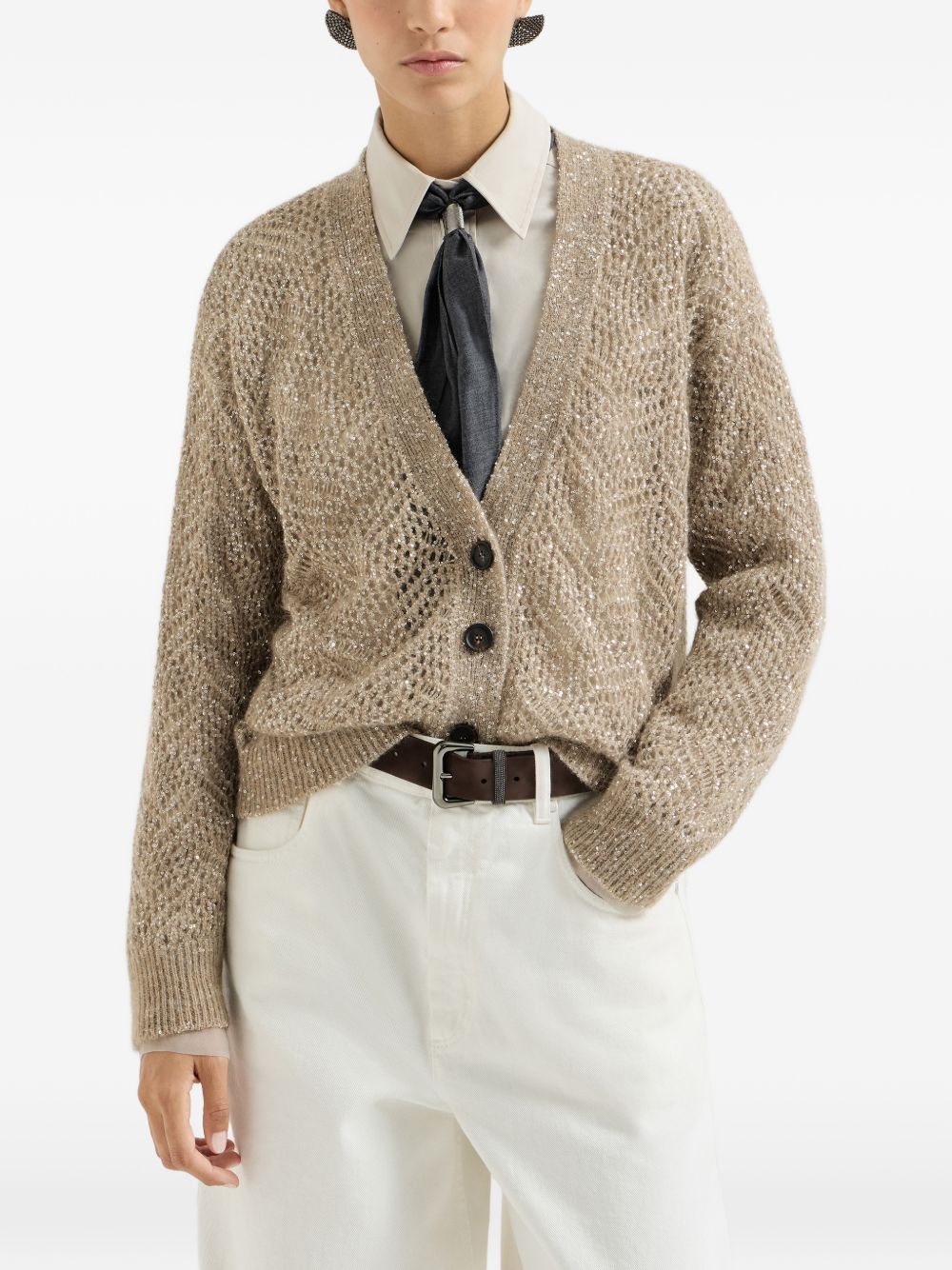 BRUNELLO CUCINELLI Cardigan a maglia larga con strass marrone 