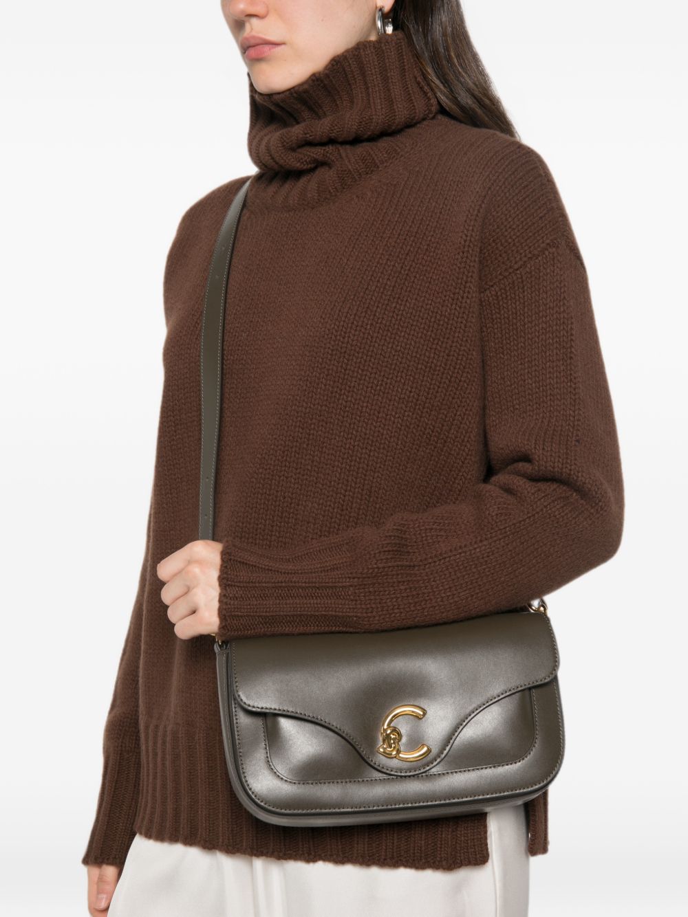 COCCINELLE Borsa Tote Bag marrone scuro con tracolla regolabile e logo dorato 