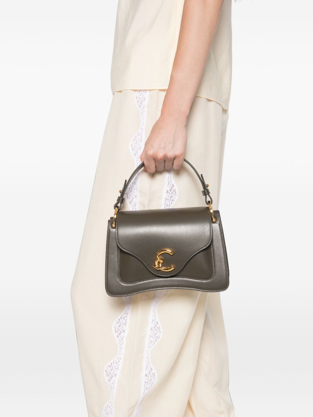 COCCINELLE Borsa a mano color fango con logo a palla dorato 