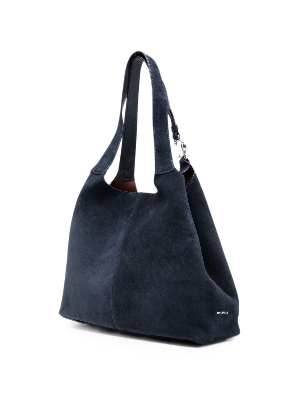 COCCINELLE Borsa a sacco in suede blu con fibbia logo argentata 