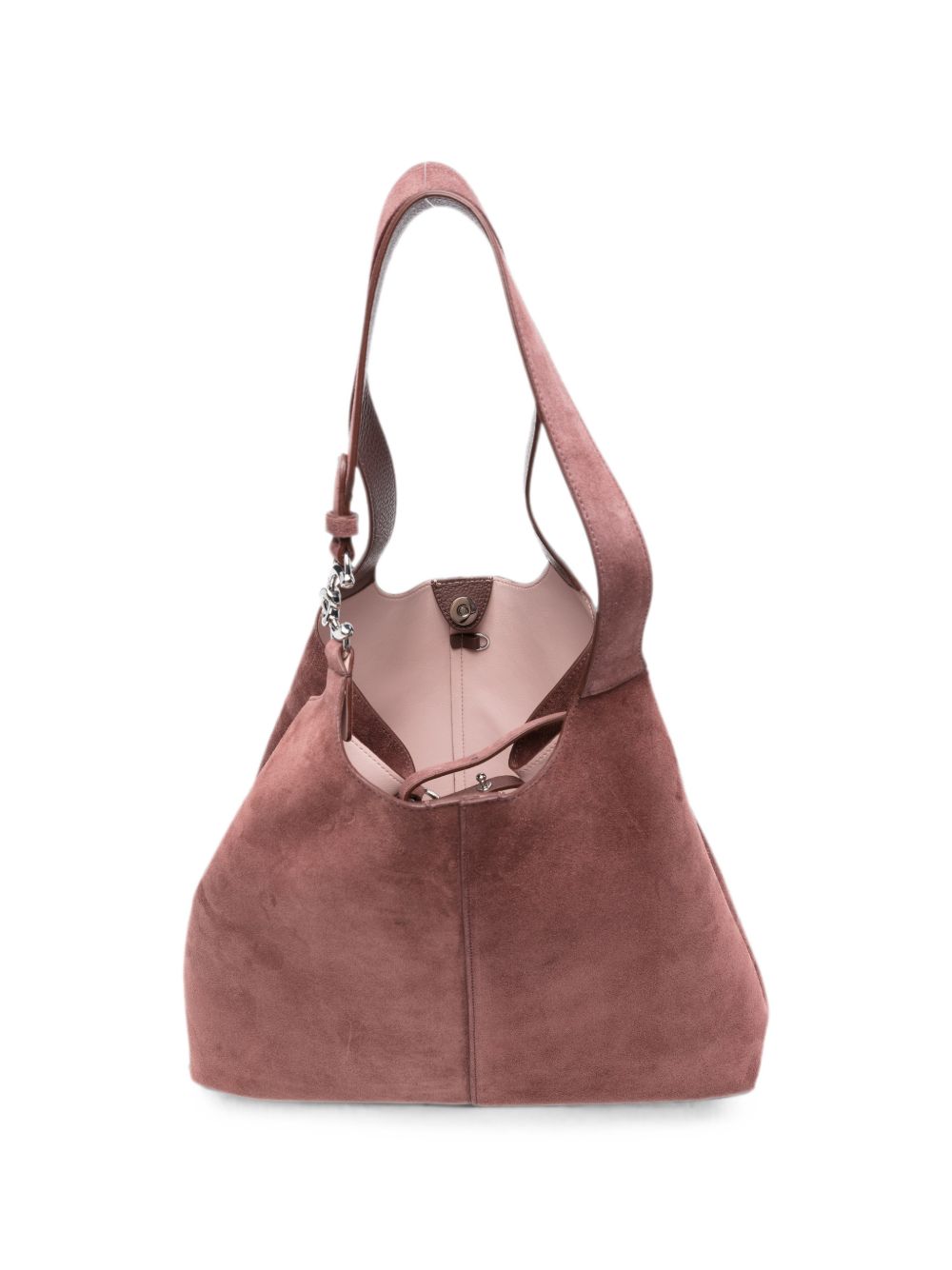 COCCINELLE Borsa a sacco in suede marrone con fibbia logo argentata 