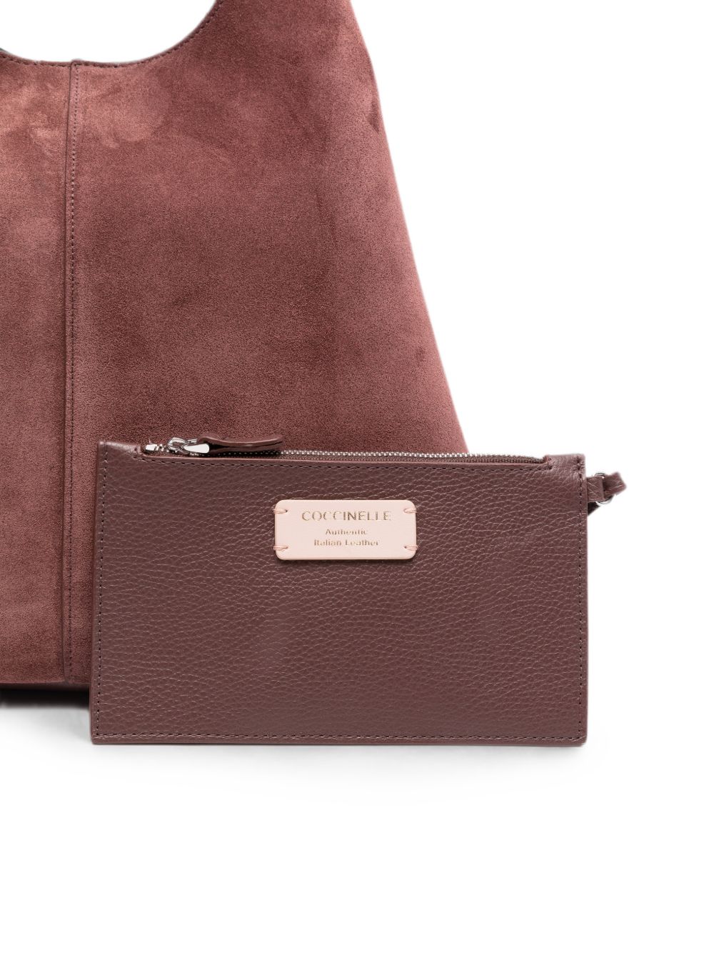 COCCINELLE Borsa a sacco in suede marrone con fibbia logo argentata 